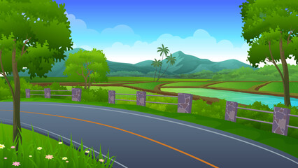 Empty highway asphalt road with beautiful landscape, paddy rice field, trees and mountain vector illustration
