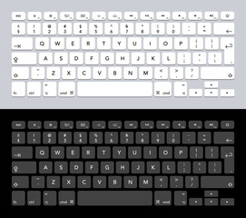 Computer keyboard set. White and black keyboard entry set with letters and numbers. Vector isolated mockup. Bright and dark buttons with letters and numbers. Vector illustration.