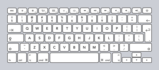 Computer keyboard with black outline. White keyboard entry set with letters and numbers. Vector isolated mockup. Bright buttons with letters and numbers. Vector illustration.