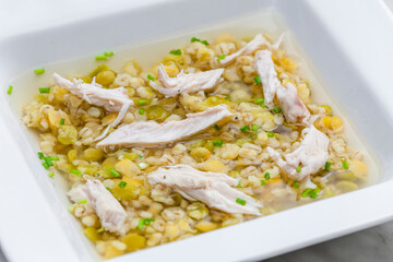 broth with chicken meat, barley groats and yellow peas