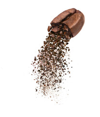 Ground coffee bean falling isolated on white background.
