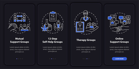 Health-related support groups night mode onboarding mobile app screen. Walkthrough 4 steps graphic instructions pages with linear concepts. UI, UX, GUI template