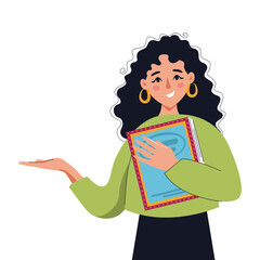 Happy smiling woman holding book pointing to something. Concept of books, education, reading, development. Isolated vector illustration.