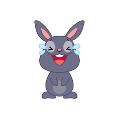 Cute laughing bunny. Flat cartoon illustration of a funny little black rabbit laughing to tears isolated on a white background. Vector 10 EPS.
