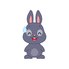 Cute nervous bunny. Flat cartoon illustration of a little black rabbit smiling with cold sweat isolated on a white background. Vector 10 EPS.