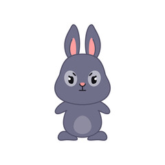 Cute angry bunny. Flat cartoon illustration of a funny little black rabbit furrowing its eyebrows isolated on a white background. Vector 10 EPS.
