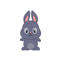 Cute angry bunny. Flat cartoon illustration of a funny little black rabbit furrowing its eyebrows isolated on a white background. Vector 10 EPS.