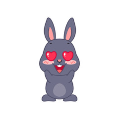 Cute black bunny in love. Flat cartoon illustration of a funny little rabbit with heart shaped eyes isolated on a white background. Vector 10 EPS.
