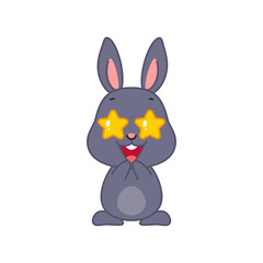 Cute excited bunny. Flat cartoon illustration of a funny little black rabbit with star shaped eyes isolated on a white background. Vector 10 EPS.