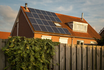 Roof of modern dutch house with solar panels, renewable energy for homes