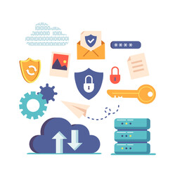 Set of Icons Cloud Data Safety, Information Protection and Synchronization. Shield, Key, Envelope and Server Rack, Gears