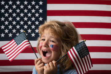 Kid boy with american flag, independence day 4th of july. United States of America concept. Fourth of july independence day of the usa. American patriot, fan.