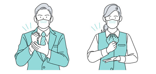 人物イラスト 受付 ビジネスマン 男女 正面 マスクあり