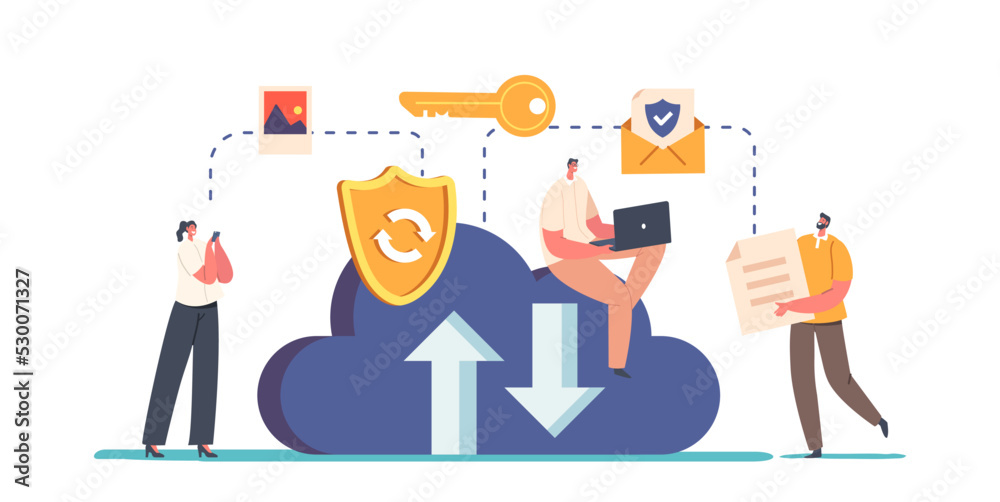 Poster data storage, synchronization, recovery and concept. characters restore media files into cloud stora