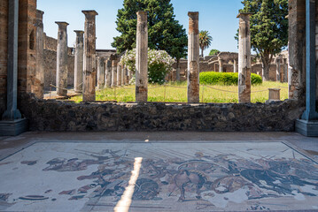 Ancient roman mosaic decorating house floor next to a garden in Pompeii
