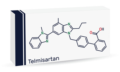 Telmisartan molecule. It is medication used to treat high blood pressure, heart failure. Skeletal chemical formula. Paper packaging for drugs