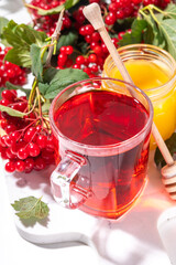 Organic herbal herbal tea, hot autumn drink with fresh viburnum berries. Viburnum tea with honey and cinnamon
