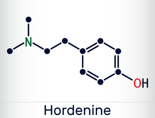 Hordenine, dimethyltyramine class, molecule. It is phenethylamine alkaloid, natural product. Skeletal chemical formula