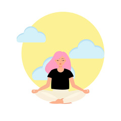 Young woman sitting in yoga lotus pose. concept of meditation, the health benefits for the body, mind and emotions. inception and the search for ideas. Vector illustration in flat style