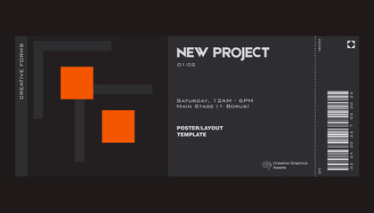 Modern exhibition ticket template layout made with abstract vector geometric shapes. Brutalism inspired graphics. Great for branding presentation, poster, cover, art, tickets, prints, etc.