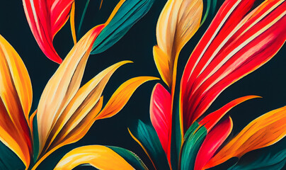 Creative backdrop of abstract, bright style flowers and tropical leaves. Watercolor painting. Floral background. 3D illustration.