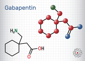 Gabapentin molecule. It is anticonvulsant medication, used to treat neuropathic pain and epilepsy. Structural chemical formula,molecule model. Sheet of paper in a cage