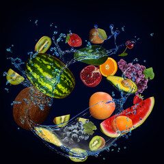 Fototapeta na wymiar Wallpaper, panorama with fruits in the water - kiwi, coconut, pomegranate, banana, grapes, watermelon, very tasty and filled with vitamins