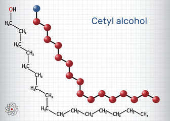 Cetyl alcohol, palmityl alcohol molecule. Used in cosmetic industry, in pharmaceutical preparations. Structural chemical formula, molecule model. Sheet of paper in a cage.