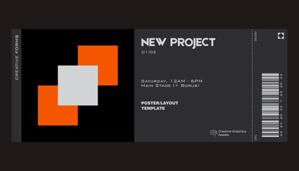Modern exhibition ticket template layout made with abstract vector geometric shapes. Brutalism inspired graphics. Great for branding presentation, poster, cover, art, tickets, prints, etc.