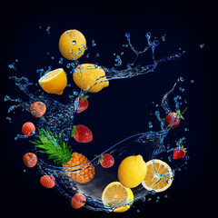 Obraz na płótnie Canvas Wallpaper, panorama with fruits in the water - lemon, pineapple, lychee, strawberry are very tasty and vitamin