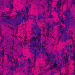 A seamless pattern with monochrome paint splatters on a violet and pink background.