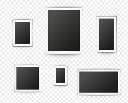 Black photo frame on wall. Square frame set. Blank pictures. Vector decoration element