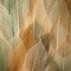 Background from artificial autumn leaves, closeup