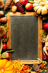 Autumn background with seasonal fruits, vegetables and leaves, copy space