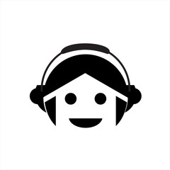 Vector design illustration of a cartoon head with a smile and wearing headphones. house concept
