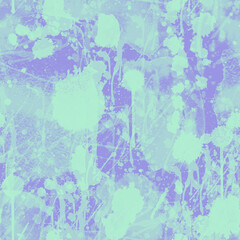 A seamless pattern with monochrome green paint splatters on violet background.
