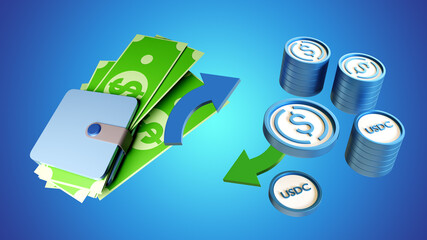 USDC investment. USDC coins near dollar bills. Concept investment in stable cryptocurrencies. Stablecoin Trading. Dollar to USDC exchange. Wallet with banknotes for investment in USD coin. 3d image