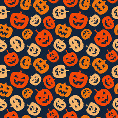 Vector seamless pattern for Halloween with orange smiling spooky pumpkins on dark blue background. Holiday backdrop for wrapping paper, fabric, textile, scrapbook.