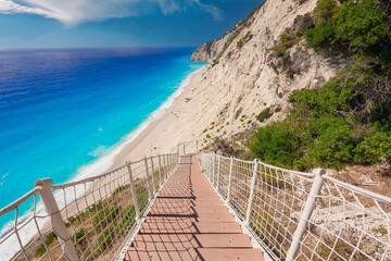 Stairs going down to Egremni beach, Lefkada Island, Greece.