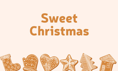 Sweet Christmas background for card or banner with different type of gingerbread. Vector illustration