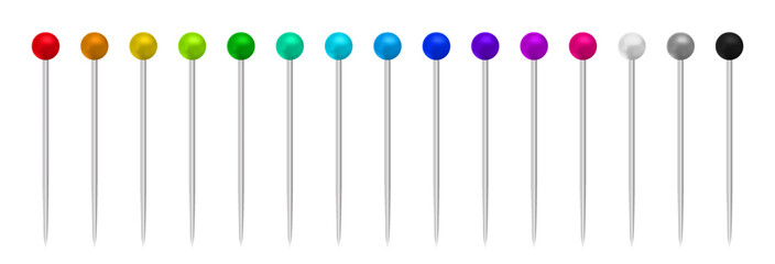 Pin set isolated on white background. Vector plastic pushpin, 3d board tack or sewing needle template