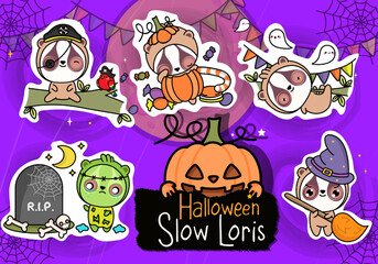 Halloween Sticker Pack. Collection of Kawaii Halloween Slow Loris Illustration. Cute Kawaii Halloween Lemur. Set of Five Animals Vector Illustrations, for Halloween Stickers

