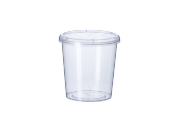 transparent food grade plastic round glass with a lid 400 ml, plastic container on white background , food plastic box isolated on white, product packaging for foodstuff or paints, adhesives, primers