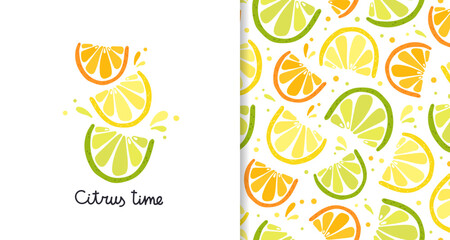 Fototapeta na wymiar Hand drawn fresh slices of lime, lemon, orange. Cartoon poster and fruit seamless pattern. Vector set