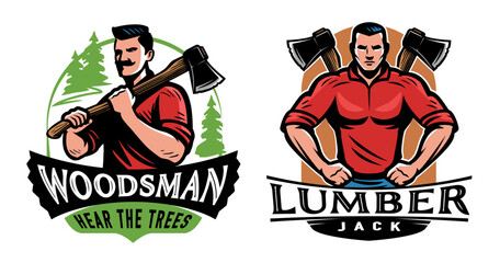 Lumberjack with ax design emblem and mascot. Woodwork, wood industry labels set. Color vector illustration