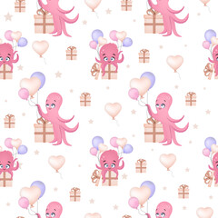 Seamless pattern with octopuses. Cute children's octopus character. Children's textiles. Seamless ornament for babies