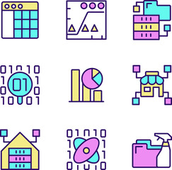 Data mining processes RGB color icons set. Machine learning. Analyze and storage data. Science and technology. Isolated vector illustrations. Simple filled line drawings collection