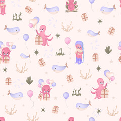 Seamless pattern with octopuses. Cute children's octopus character. Children's textiles. Seamless ornament for babies