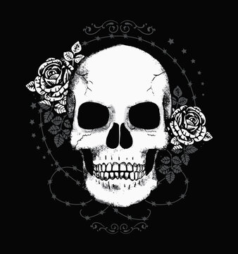 skull and roses graphics work.Gothic style tshirt print design