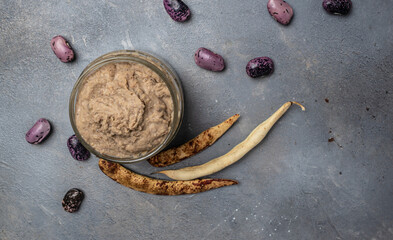 Homemade mushroom and bean paste. Mexican cuisine pate of beans, healthy vegetarian food, banner,...